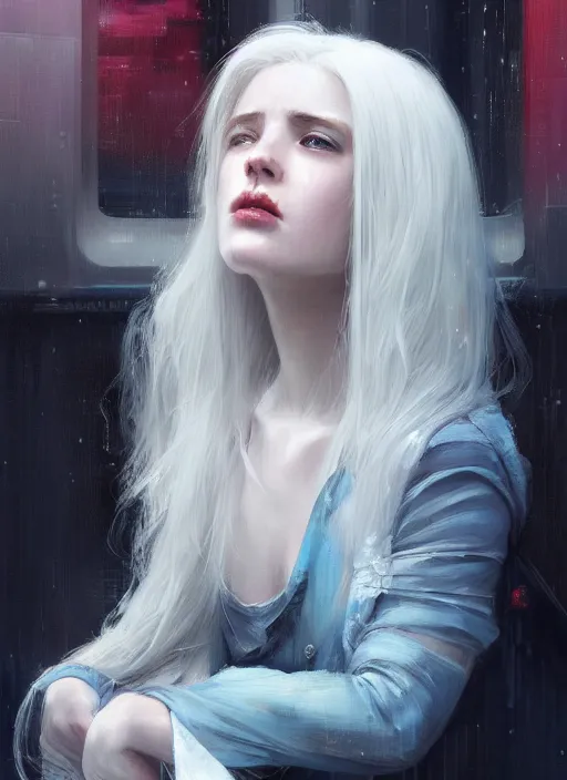 Prompt: a beautiful white haired girl sitting on a window wearing a crop top, official art, gorgeous detailed face, cyberpunk, anime style, by jeremy lipking, by charlie bowater, cgsociety, realistic expressive oil painting, digital art