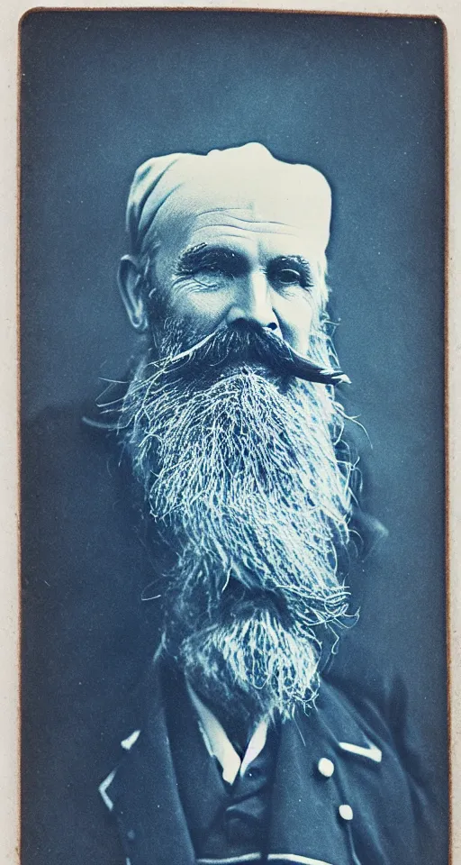 Prompt: a Cyanotype photograph of a grizzled old sea captain with a walrus mustache
