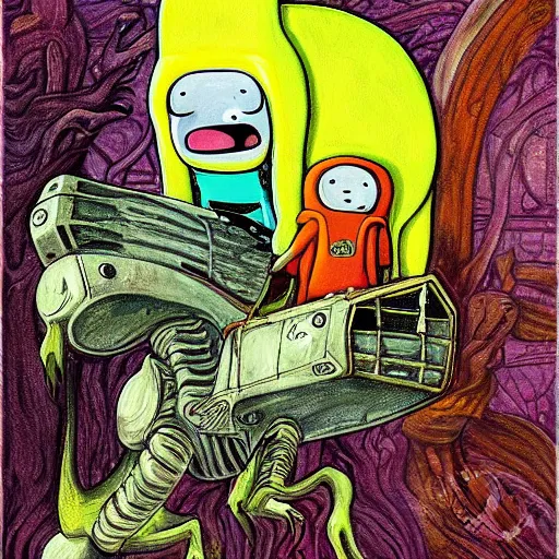 Prompt: adventure time with finn and jake painting by h. r. giger