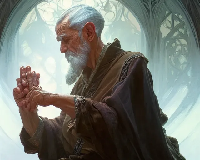 Image similar to old man clasping his hands as spell casting, deep focus, d & d, fantasy, intricate, elegant, highly detailed, digital painting, artstation, concept art, matte, sharp focus, illustration, hearthstone, art by artgerm and greg rutkowski and alphonse mucha