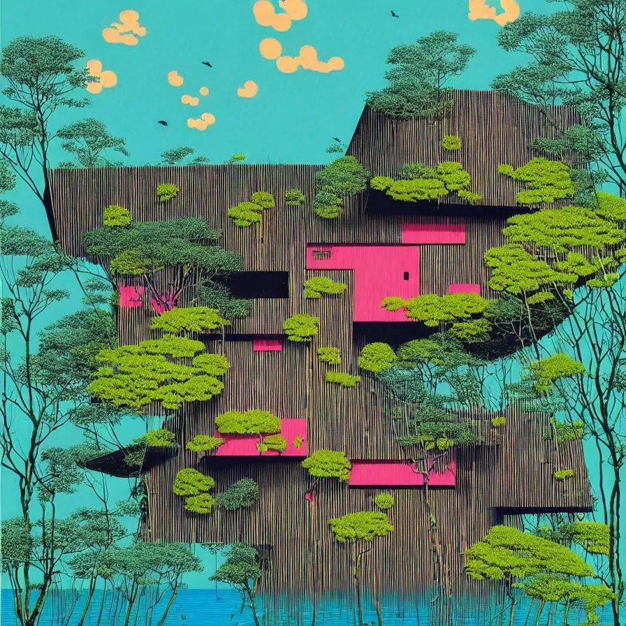 Image similar to surreal glimpse into other universe, a house by kengo kuma on an island, summer morning, very coherent and colorful high contrast, art by!!!! gediminas pranckevicius!!!!, geof darrow, floralpunk screen printing woodblock, dark shadows, hard lighting, stipple brush technique,