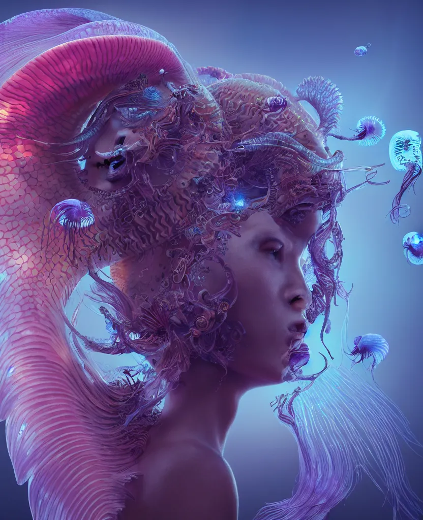 Image similar to goddess close-up portrait. chimera orchid jellyfish phoenix head, nautilus, skull, betta fish, bioluminiscent creatures, intricate artwork by Tooth Wu and wlop and beeple. octane render, trending on artstation, greg rutkowski very coherent symmetrical artwork. cinematic, hyper realism, high detail, octane render, 8k