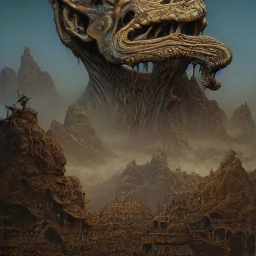 Image similar to Realistic creatue of Zdzisław Beksiński .concept art, wide angle shot, oriental fantasy, Peter Mohrbacher, insanely detailed and intricate, golden ratio, hypermaximalist, matte painting, cinematic, cgsociety, James jean, Brian froud, ross tran,octane render , unreal engine , hyper realistic , 8k render , octane render