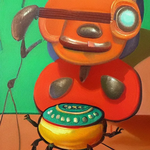 Image similar to a funky little beetle playing a bongo at a party, oil painting, high detail, funky!