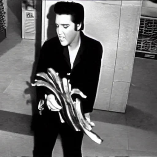 Prompt: cctv of elvis presley stealing bananas