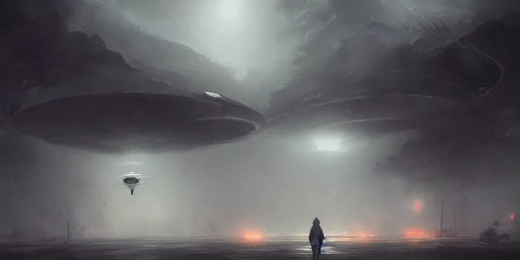 Image similar to epic cinematic concept art of an ufo during an giant, cloudy, foggy, storm, night setting. realistic shaded concept art by greg rutkowski, radiant light, detailed and intricate environment, digital art, trending on art station, illustration