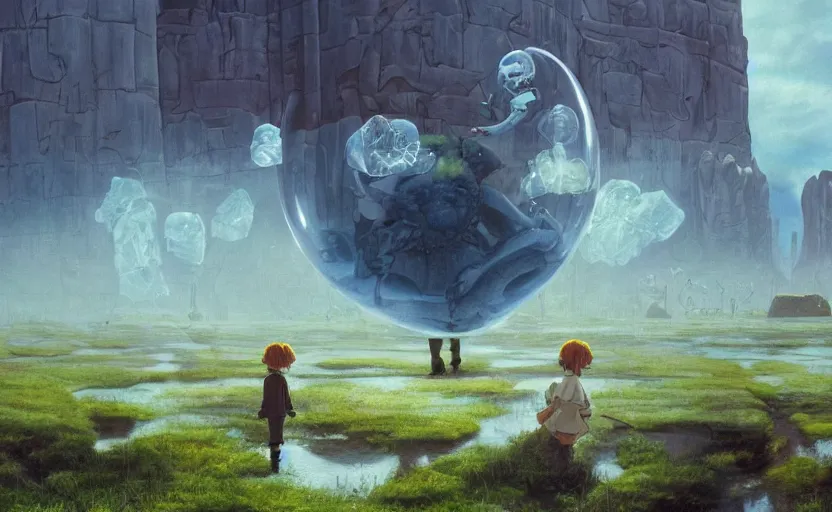 Prompt: a scary hyperrealist painting of a demon in a giant transparent bubble from howl's moving castle ( 2 0 0 4 ) in a flooded monument valley stonehenge jungle. depth perception, 4 k, artstation, in the style of studio ghibli