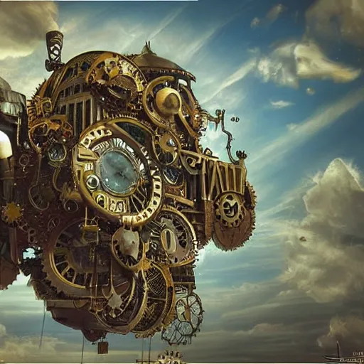 Image similar to flying city in a mechanical flower, sky, steampunk!!!, fantasy art, steampunk, masterpiece, octane, jared wulfe