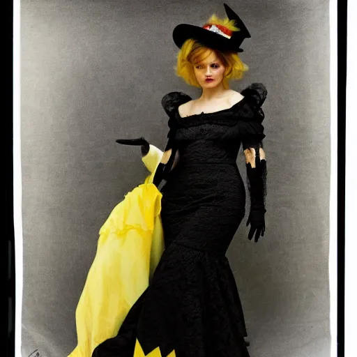 Image similar to elegant woman dressed up as pikachu, wearing black lacy stockings, art photo by Annie Liebovitz and Alphonse Mucha