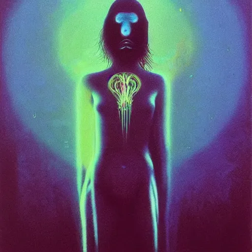 Image similar to charlies angels by beksinski and tristan eaton, dark neon beautiful dystopian holography