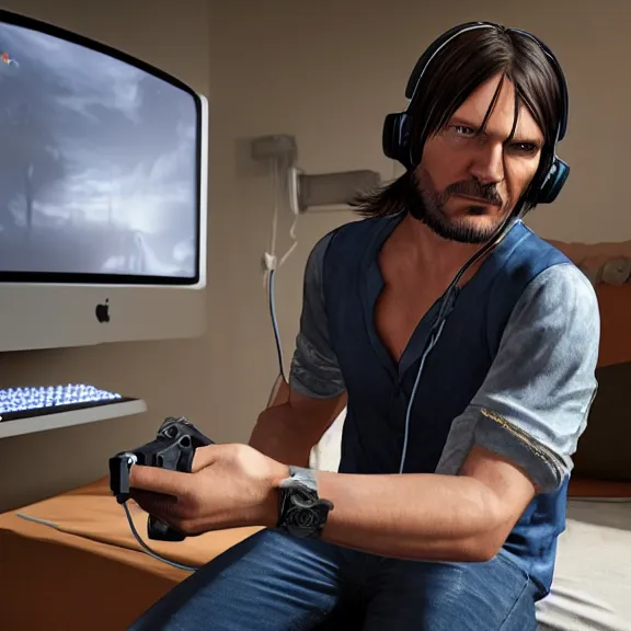 Image similar to john marston in his bedroom, playing pc games with gaming headphones on, photograph