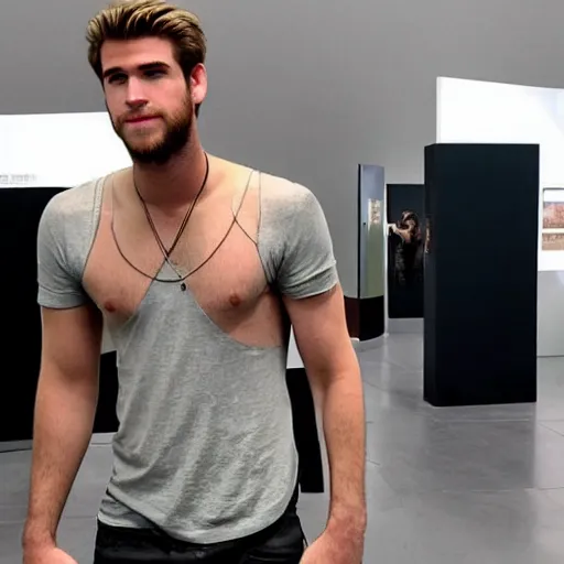 Image similar to “ a realistic detailed photo of a guy who is an attractive humanoid who is half robot and half humanoid, who is a male android, actor liam hemsworth, shiny skin, posing like a statue, blank stare, at the museum, on display ”