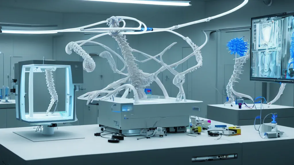 Image similar to a complex bifurcated surgical arm hybrid mri 3 d printer machine making colorful mutant forms with control panels in the laboratory inspection room, film still from the movie directed by denis villeneuve with art direction by salvador dali, wide lens