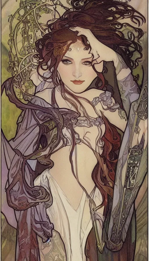 Image similar to fantasy dungeons & dragons portrait by Alfons Mucha,female elf,beautiful,D&D,detailed,elaborate