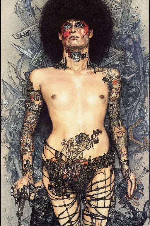 Image similar to full length portrait of made mikkelsen as a tattooed gothic punk by lawrence alma tadema and zdzislaw beksinski and norman rockwell and jack kirby and tom lovell and greg staples