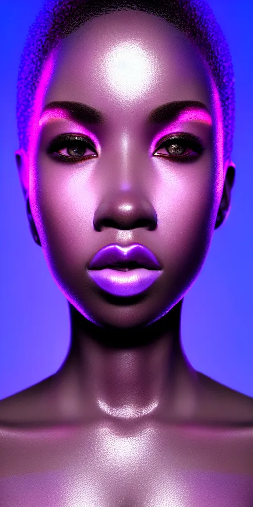 Prompt: hyperrealistic intricate close-up of beautiful african woman with purple hair and pearlescent blue skin james paick machiej kuciara dramatic neon lighting on one side