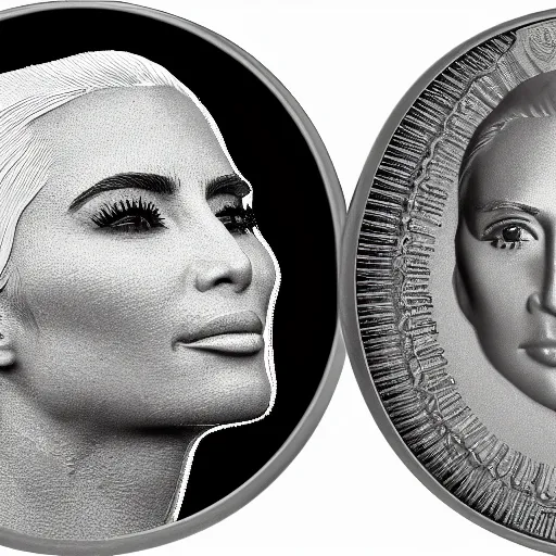 Prompt: photo of a minted coin with kim kardashian's face etched on it.