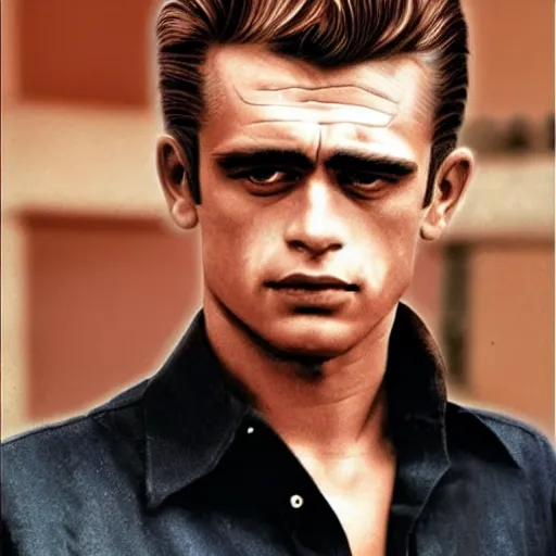 Image similar to genetic combination of james dean and boris karloff, face and shoulders focus