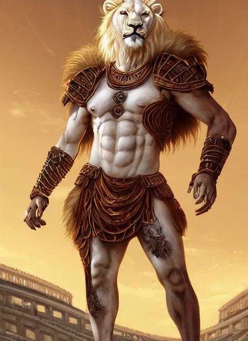Prompt: aesthetic portrait commission of a of a male fully furry muscular anthro albino lion with a tail and a beautiful attractive hyperdetailed face, wearing ancient roman attractive gladiator outfit in a sci-fi dystopian roman coliseum at golden hour with crowds of people watching in the stadiums behind him. Character design by charlie bowater, ross tran, artgerm, and makoto shinkai, detailed, inked, western comic book art, 2021 award winning film poster painting