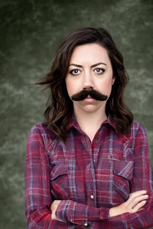 Image similar to photo of Aubrey Plaza with Ron Swanson moustache, portrait, 3/4 view, Refined, Detailed professional photo, 50mm lens, Canon eos, blurry distant background, Highly Detailed, Cinematic Lighting, 8k