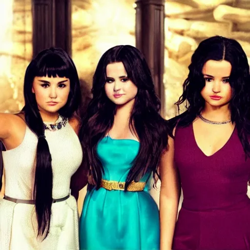 Image similar to Demi Lovato and Selena Gomez and Ariana Grande in a Charmed movie directed by Christopher Nolan, movie still frame, promotional image, imax 35 mm footage