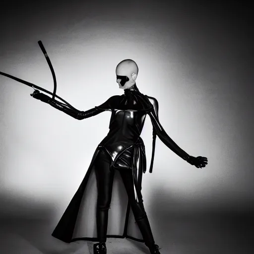 Image similar to fashion photography of an extraterrestrial model, holding a leather whip, wearing demobaza fashion, inside berghain, berlin fashion, harness, futuristic fashion, dark minimal outfit, photo 3 5 mm leica, hyperdetail, berghain, 8 k, very detailed, photo by nick knight