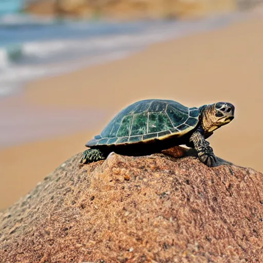 Image similar to a turtle on a rock looking at the sea, macro 8mm photo, the camera is behind the turtle