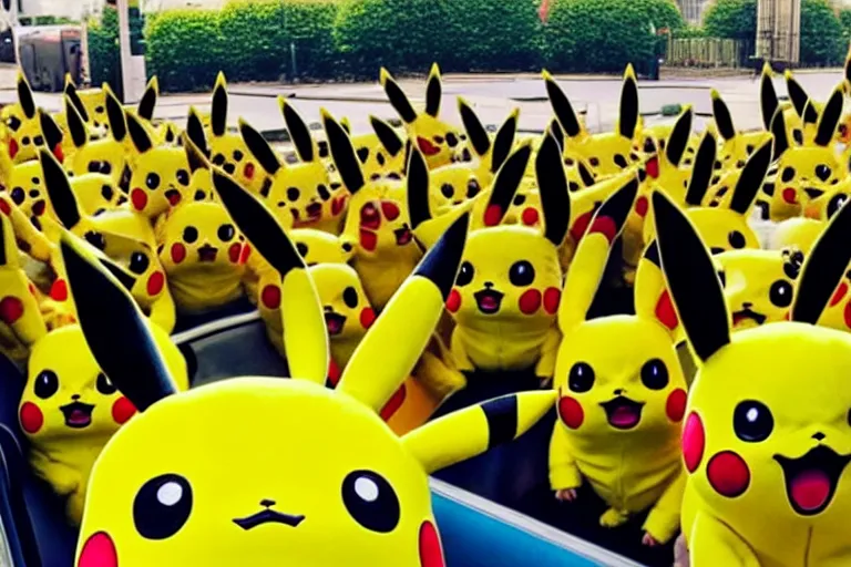 Prompt: a bus full of pikachu