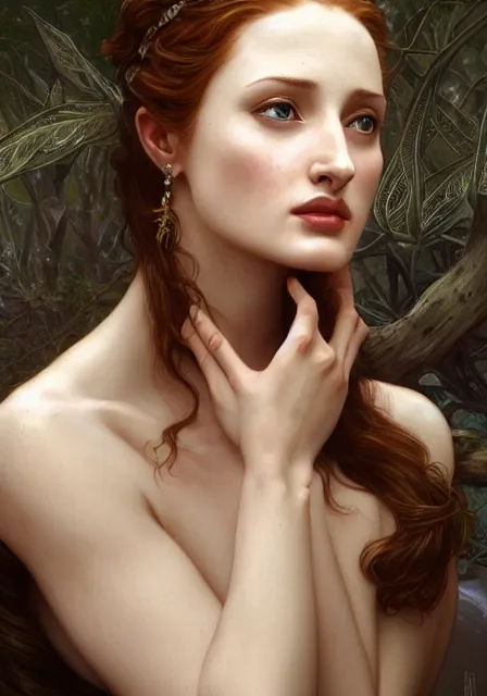 Image similar to sansa angeline jolie gessica chastain white skin, intricate, elegant, highly detailed, digital painting, artstation, concept art, smooth, sharp focus, illustration, art by artgerm and greg rutkowski and alphonse mucha and william - adolphe bouguereau