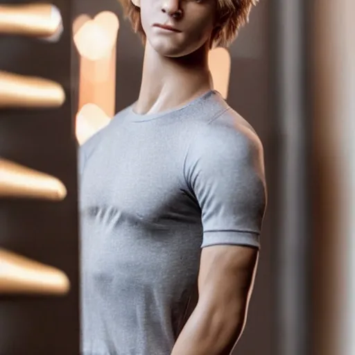 Image similar to a realistic detailed photo of a guy who is an attractive humanoid who is half robot and half humanoid, who is a male android, soccer player martin ødegaard, shiny skin, posing like a statue, blank stare, in a living room, on display, showing off his muscles