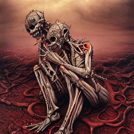 Image similar to conjoined demon twins sitting legs crossed in a desert hellscape covered in gore by Yoshitaka Amano, by HR Giger, biomechanical, 4k, hyper detailed, hyperrealism, anime, a Broken World demons flying overhead, red sky, blood and body parts, deviantart, artstation