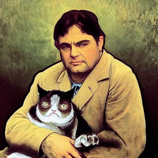 Prompt: “ george costanza holding grumpy cat, sitting on velvet couch, realistic, very detailed, by alphonse mucha ”