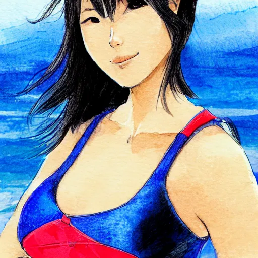 Prompt: a perfect, realistic professional digital sketch of a Japanese woman in racing one-piece swimsuit, close-up, style of Marvel, by pen and watercolor, by a professional American senior artist on ArtStation, a high-quality hollywood-style sketch, on high-quality paper