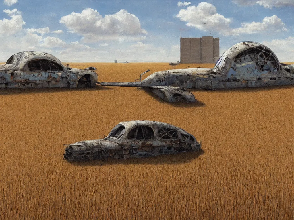 Prompt: A fantastic painting of a dilapidated post-modern building on a wheat field with an abandoned spaceship parked on the roof of the building, by Miles Johnston, Trending on artstation, very detailed