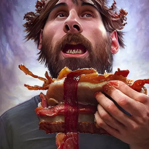 Image similar to Lionel Messi eating a mammoth Wendy's baconator, closeup, giant baconator, D&D, fantasy, intricate, elegant, highly detailed, digital painting, artstation, concept art, matte, sharp focus, illustration, art by Artgerm and Greg Rutkowski and Alphonse Mucha