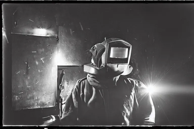 Image similar to welder in welding mask in a berlin dance club, ominous lighting, by richard avedon, tri - x pan stock