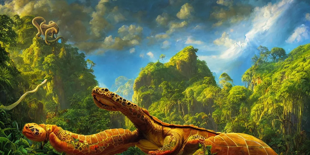 Image similar to fantasy oil painting, great leviathan, turtle cephalopod terrapin reptilian pachyderm amphibian hybrid, epic natural light, lush plants flowers, rainforest mountains, bright clouds, luminous sky, outer worlds, dynamic lighting, michael cheval, edward hopper, michael whelan, vray, 8 k hd