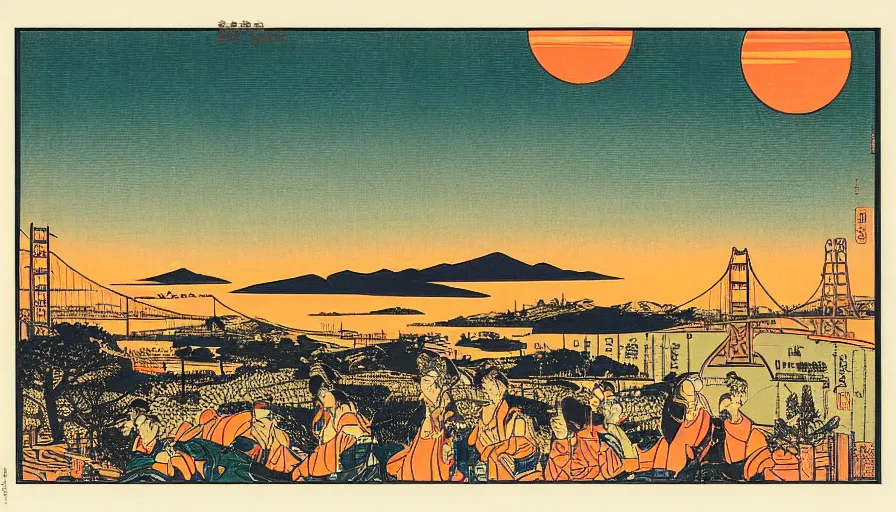 Prompt: sunset over the san francisco bay area by utagawa kunisada