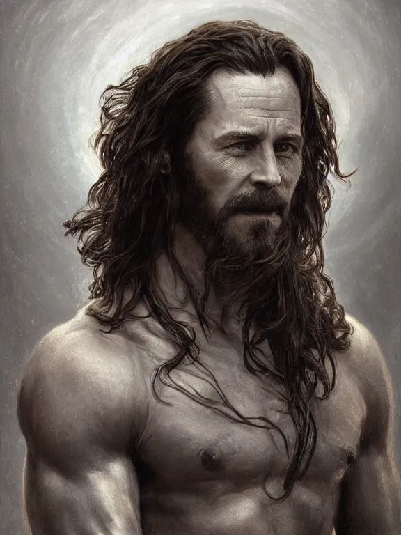 Prompt: painted portrait of rugged loki, god of trickery, norse god, black luscious hair, masculine, mature, handsome, upper body, grey and silver, muscular, fantasy, intricate, muscular, elegant, highly detailed, digital painting, artstation, concept art, smooth, sharp focus, illustration, art by gaston bussiere and alphonse mucha