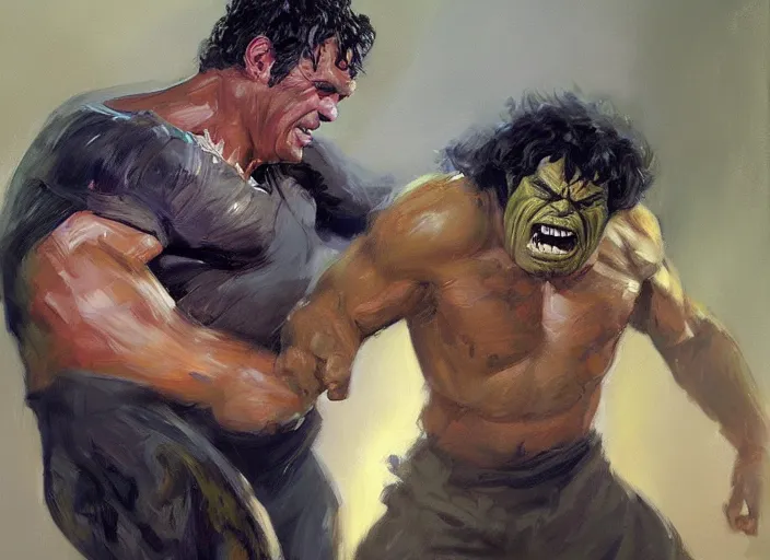 Image similar to a highly detailed beautiful portrait of mark ruffalo transforming into the hulk, by gregory manchess, james gurney, james jean