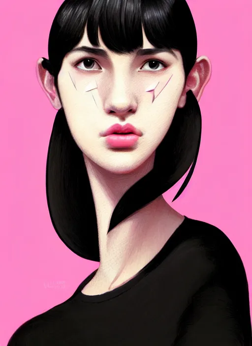 Image similar to portrait of teenage girl, narrow face, black hair, bangs, half updo hairstyle, pointy nose, skinny, unattractive, defined jawline, big chin, pink hair bow, hoop earrings, intricate, elegant, glowing lights, highly detailed, digital painting, artstation, sharp focus, illustration, art by wlop, mars ravelo and greg rutkowski