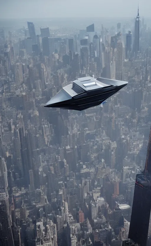 Image similar to a spaceship designed by peter schreyer flying over NYC in style of blade runner 2049