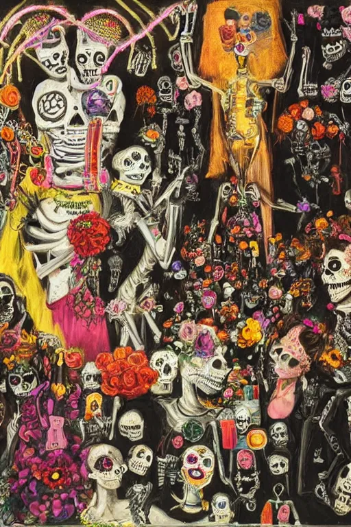 Image similar to scene from wedding, day of the dead, cyber skeletons, queen in black silk in the center, neon painting by otto dix