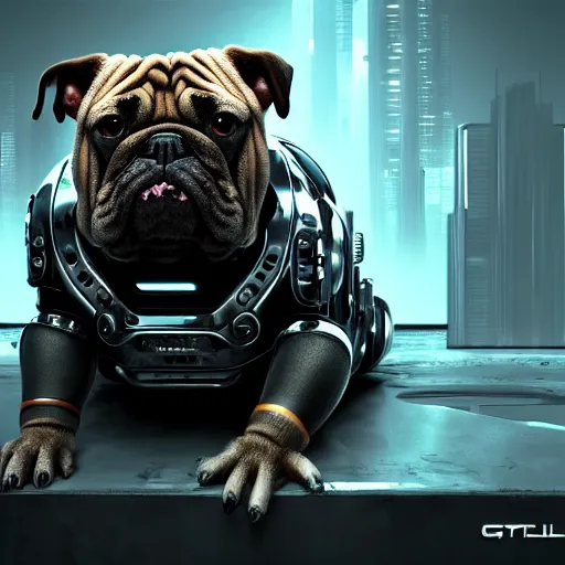 Prompt: « a cyborg bulldog sitting down, cyberpunk art by grillo demo, cgsociety, computer art, future tech, made of liquid metal, sketchfab »