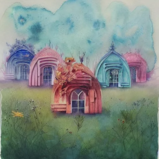 Image similar to watercolor flower houses in a serene landscape by anna dittmann, by marco mazzoni