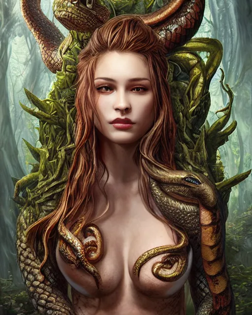 Prompt: portrait high definition photograph beautiful woman with a snake tongue holding a dragon fantasy character art, hyper realistic, pretty face, hyperrealism, iridescence water elemental, snake skin armor forest dryad, woody foliage, 8 k dop dof hdr fantasy character art, by aleski briclot and alexander'hollllow'fedosav and laura zalenga