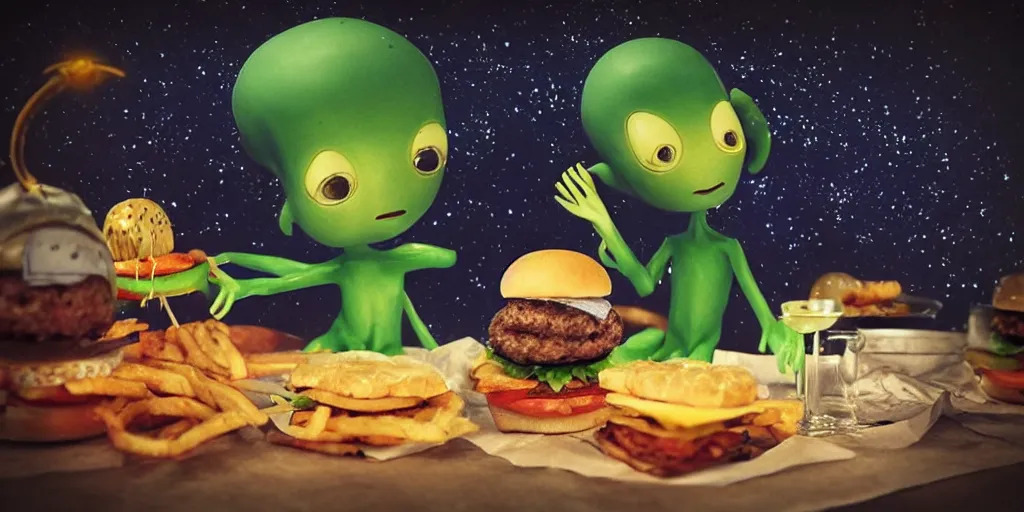 Image similar to a dream of time gone by, where I was eating burgers and not so hungry, realistic, out of this world, alien, sleepy, on a mini world, the little prince from outer space, colorful, gangly, dream, vial of stars, metallic, satisfying render, tiny people devouring food