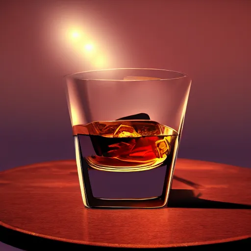 Prompt: A highly detailed digital art painting of a whiskey on a round table, volumetric lighting, 4k resolution, warm,