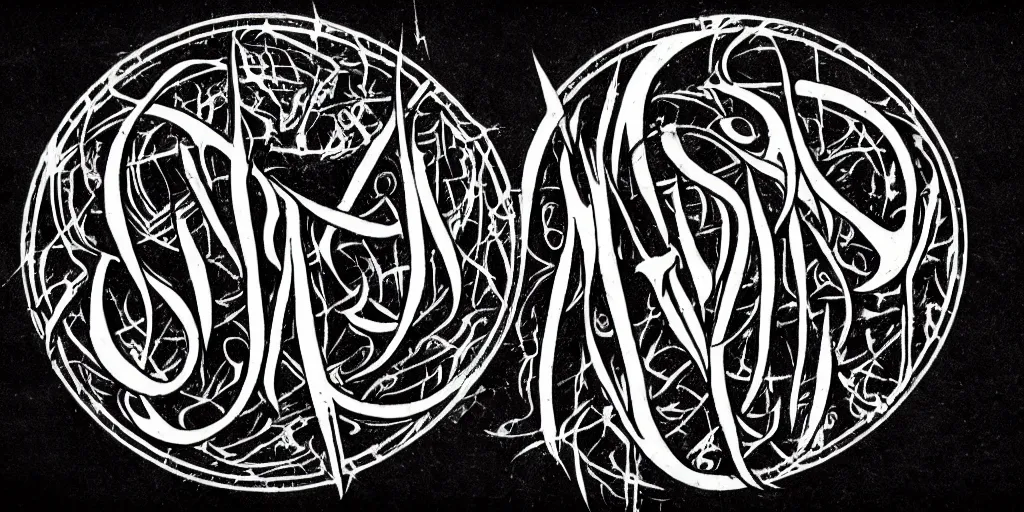 Image similar to masterpiece, intricate black death metal logo calligraphy by thomas bokler, wildan slam art, behance, detailed white letters on black background