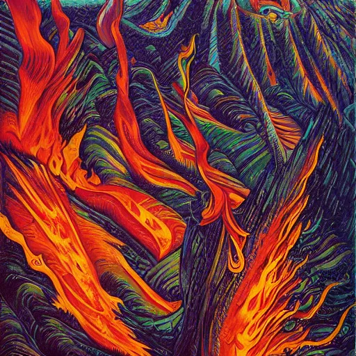 Image similar to vulcano, lava, trees on fire by dan mumford and umberto boccioni, oil on canvas